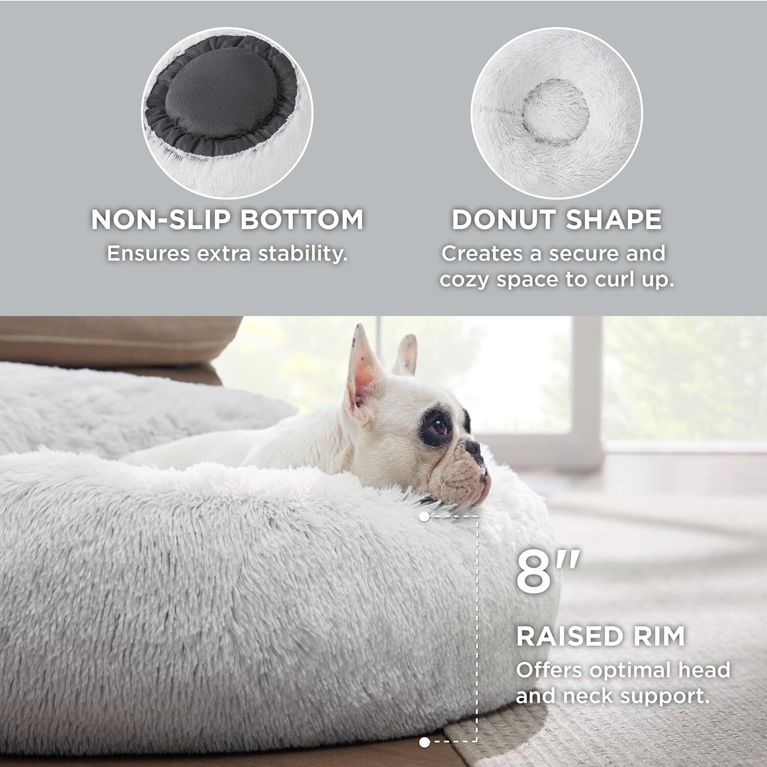RUseeN Calming Donut Dog Bed, 27.6 inches Round Fluffy Dog Beds for Medium Dogs, Anti-Anxiety Plush Dog Bed, Machine Washable Pet Bed (Light Grey, Medium)