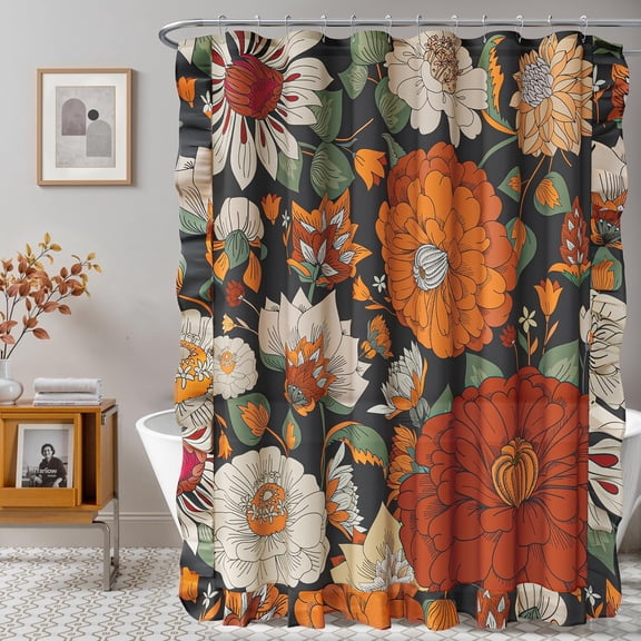 Ruffle Black Boho Floral Fabric Shower Curtain Set Colorful Abstract Botanical Shower Curtains for Bathroom Mid Century Modern Home Decor Waterproof Bath Curtain with Hooks, 72x72