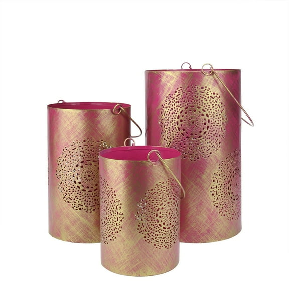 Set of 3 Fuchsia Pink and Gold Decorative Floral Cut-Out Pillar Candle Lanterns 10"