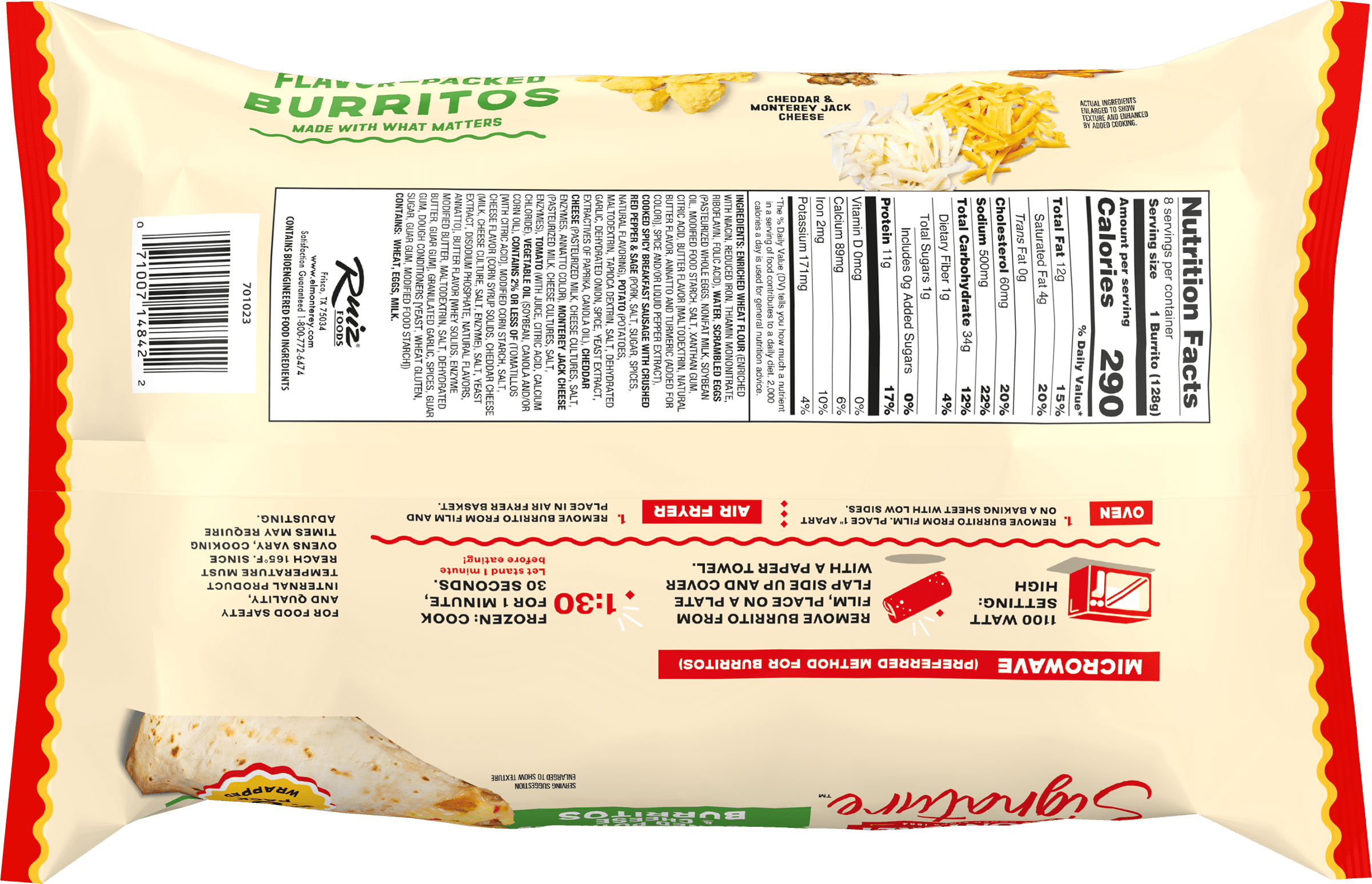 El Monterey Signature Egg, Sausage, Cheese & Potato Burritos, 36 oz, 8 Count (Frozen)