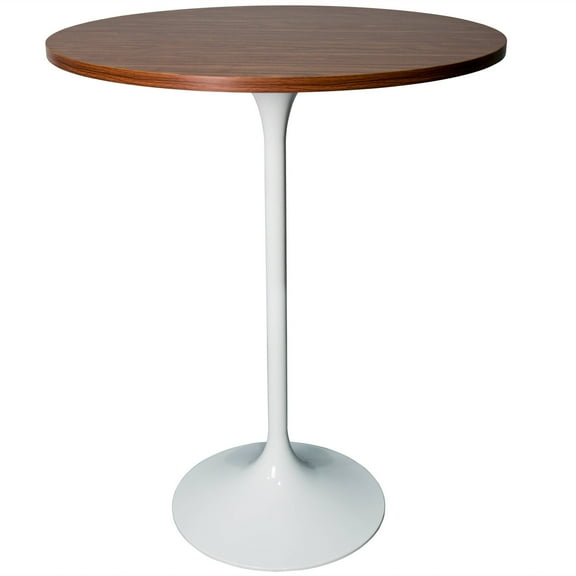 LeisureMod 27" Round Bar Height Dining Table with MDF Top Pub Table and White Stainless Steel Pedestal Base for Modern Kitchen and Dining Room Verve Collection in Cognac Brown