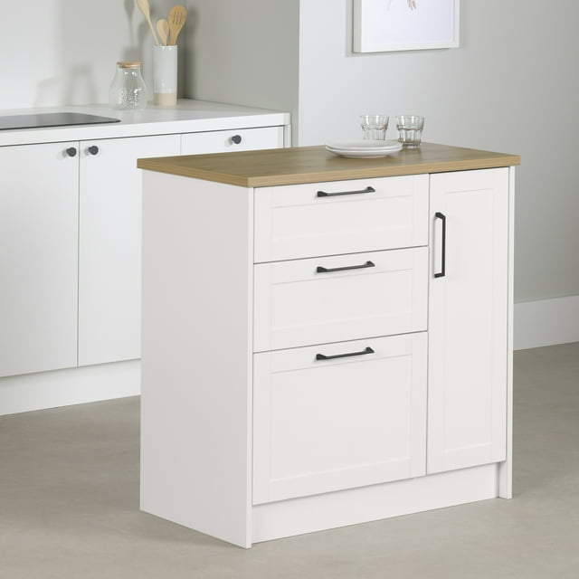 South Shor Furniture Toscano 3-Drawer Kitchen Island with Door, in White and Maple Nutmeg