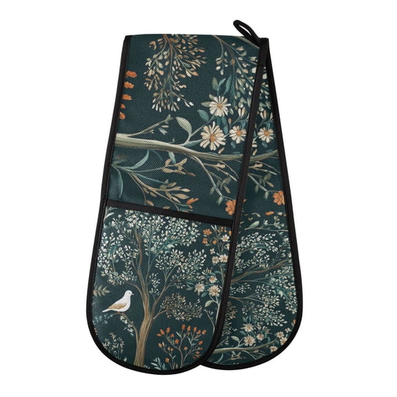Yayeee Double Oven Mitt Kitchen Heat Resistant Baking 35" x7" Quilted Glove, Floral Forest Scene