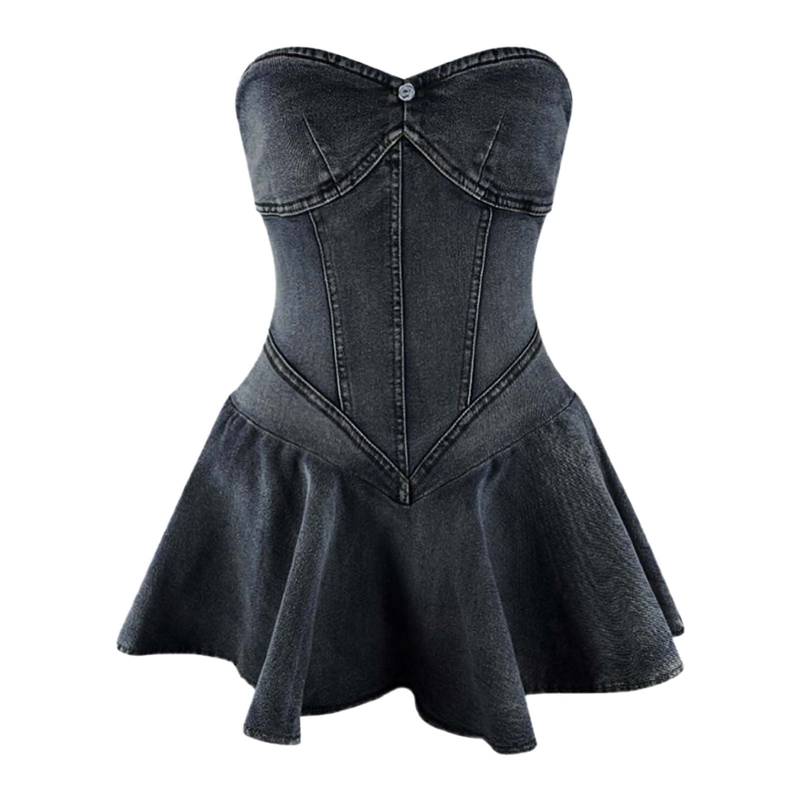 HJYCHN Slim Fit Denim Mini Dress for Women Off Shoulder Corset Style for Parties and Outings Fashion Elegant Dress Black M