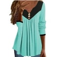 thumbnail image 2 of DPTALR Women Long Sleeved V-neck Button Pleated Top Multi Color Patchwork Top T-shirt, 2 of 6