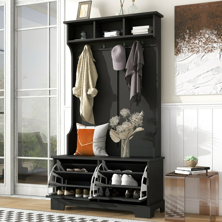 Hall Tree with Bench and 2 Flip Shoe Storage Drawers Entryway Bench with Coat Rack and 3 Top Shelves Mudroom Bench with Storage and 4 Metal Double Hooks for Entry way Hallway