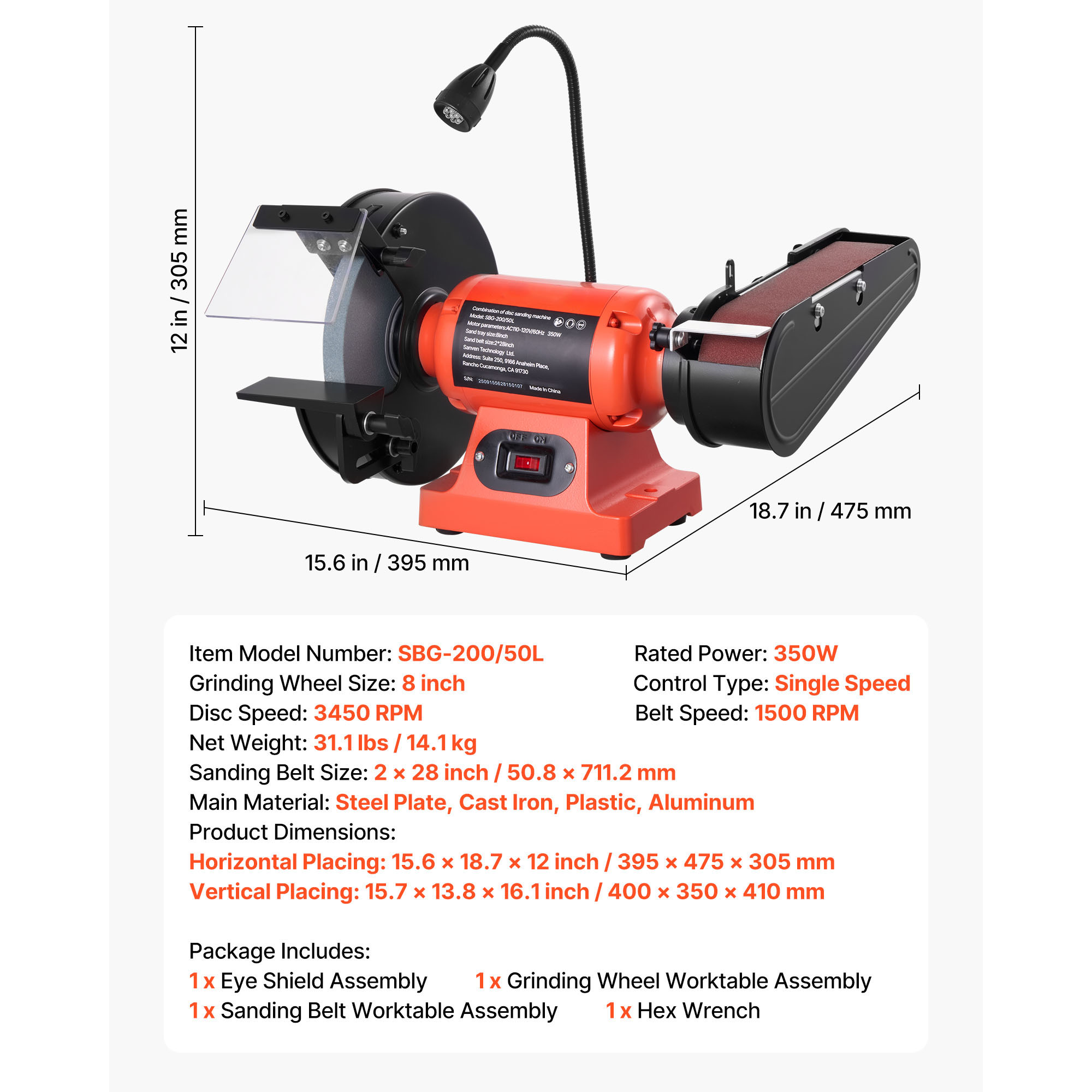 KFFKFF 8-Inch Bench Grinder and 2-Inch x 28-Inch Belt Sander Combo, 350W Grinding and Sanding Machine with LED Work Light and Eye Shield for Metal and Wood Projects, Knife Sharpening