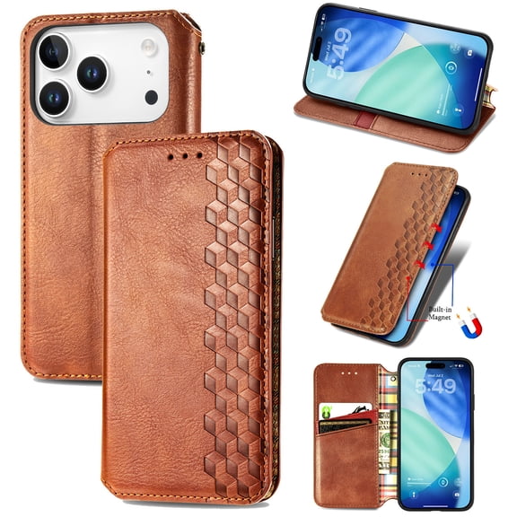 for iPhone 17 Pro Wallet Case with RFID Blocking Credit Card Holder, PU Leather Magnetic Closure Flip Kickstand Shockproof Cover Women Men For iPhone 17 Pro Phone case,Brown
