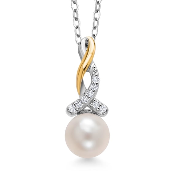 Gem Stone King 925 Sterling Silver and 10K Yellow Gold 7-7.5MM Cultured Freshwater Pearl and White Lab Grown Diamond Pendant Necklace for Women with 18 inch Chain