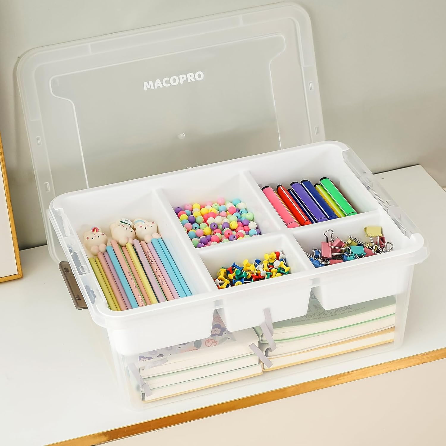 Plastic Storage Box with Removable Tray,  Organizers for Beads Tools Sewing Playdoh, White 2Pack-17QT