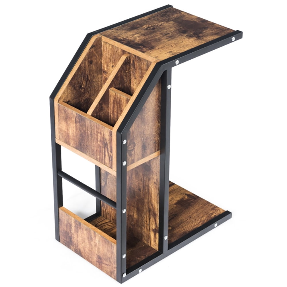 Finihen End Table, Industrial C-Shape Snack End Table with Storage Space, Sofa Side Table, Bed Side Table, for Living Room, Bedroom, Brown Finihen End Table, Industrial C-Shape Snack End Table with Storage Space, Sofa Side Table, Bed Side Table, for Living Room, Bedroom, Brown