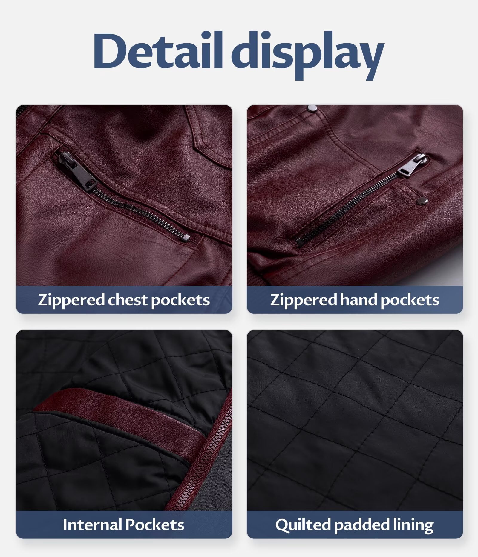 Chrisuno Men's Faux Leather Jacket Vintage Motorcycle Jacket Warm Winter Coat Wine Red XL