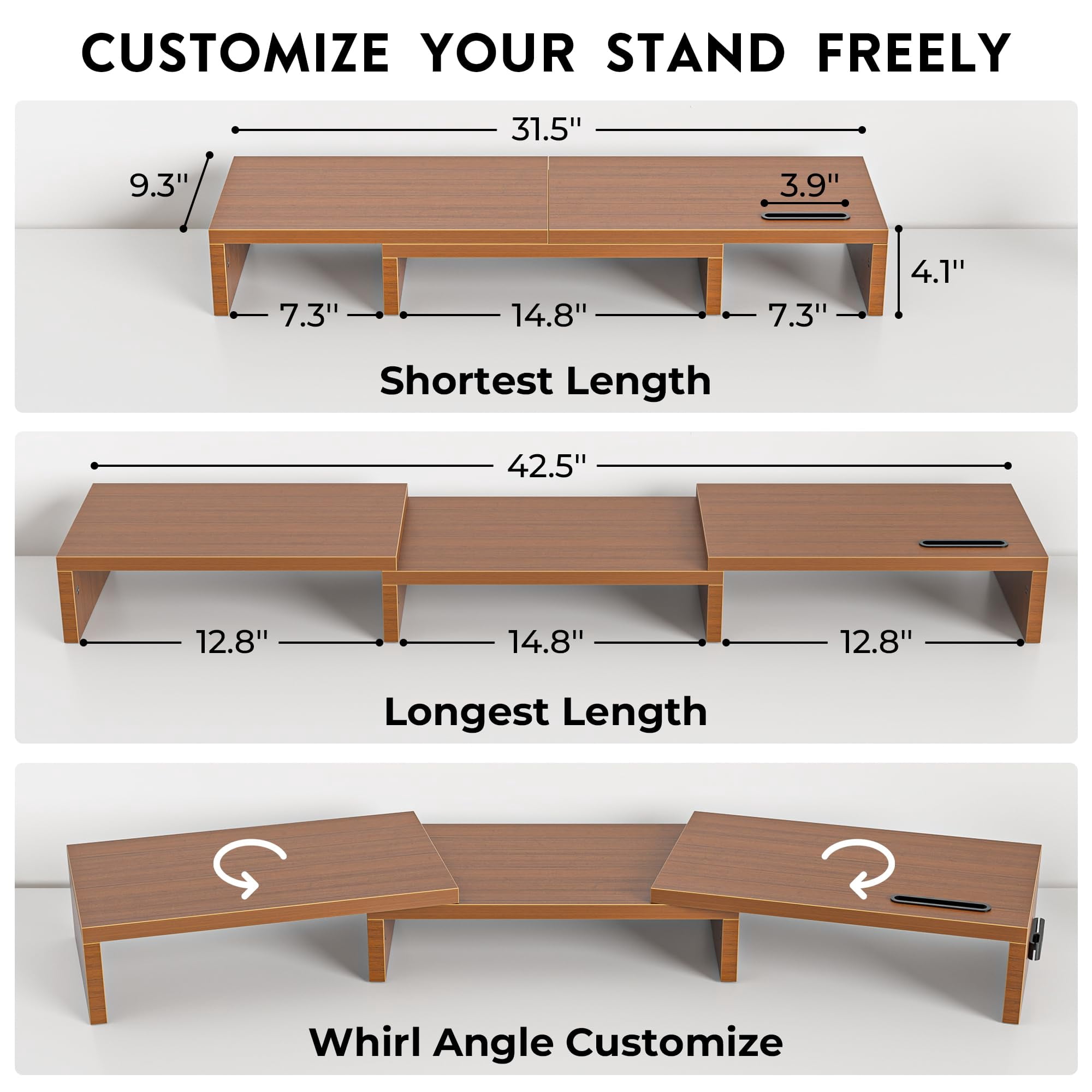 Dual Monitor Stand Riser With Smartphone Holder  Adjustable Length & Swivel Angle Wooden Desktop Organizer For Pc Laptop Printer Large Storage Walnut
