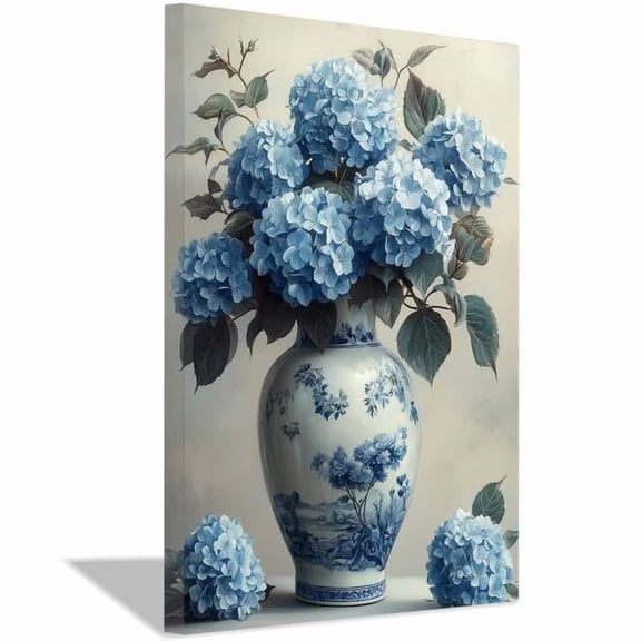 Mudket Blue Hydrangeas in Chinoiserie Vase Canvas Wall Art, Framed Ready to Hang, Vintage Floral Wall Decor for Living Room Bedroom Kitchen, Farmhouse Botanical Artwork - 12"L x 8"W