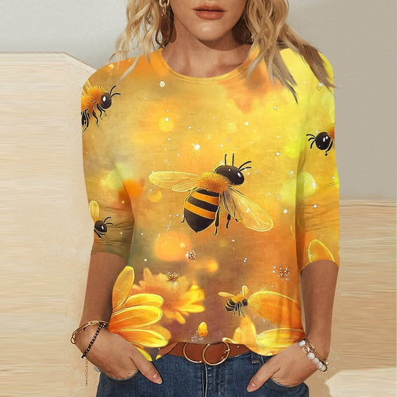 Bee Print Tops for Women 3/4 Sleeve Summer Tops for Women Xs Summer Tshirts Shirts for Women Pack Casual Work Tops for Women Summer Vneck Printed Tshirts Shirts for Women
