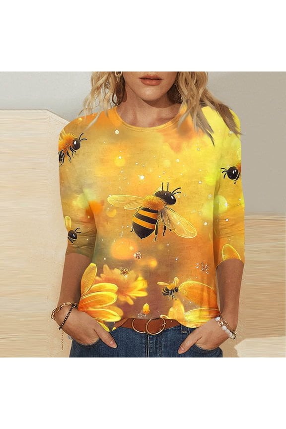 Bee Print Tops for Women 3/4 Sleeve Summer Tops for Women Xs Summer Tshirts Shirts for Women Pack Casual Work Tops for Women Summer Vneck Printed Tshirts Shirts for Women