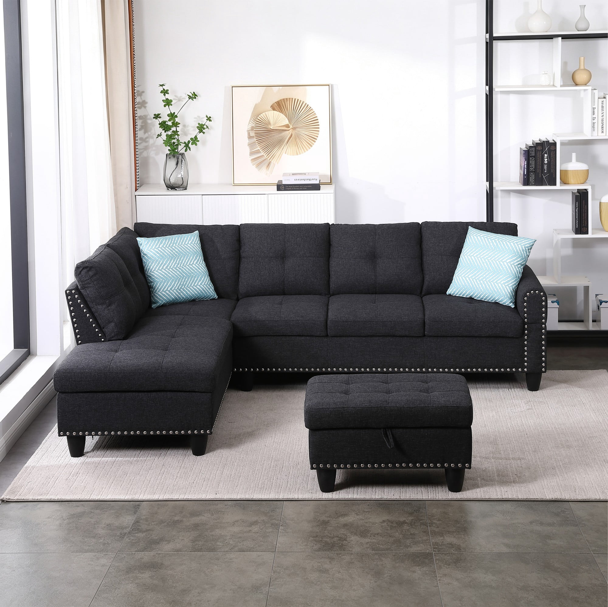 BSHTI 3-Seat Contemporary Linen L-Shaped Sectional Sofa with Reversible Storage Chaise, Storage Ottoman, Cup Holders for Living Room（Charcoal Gray）