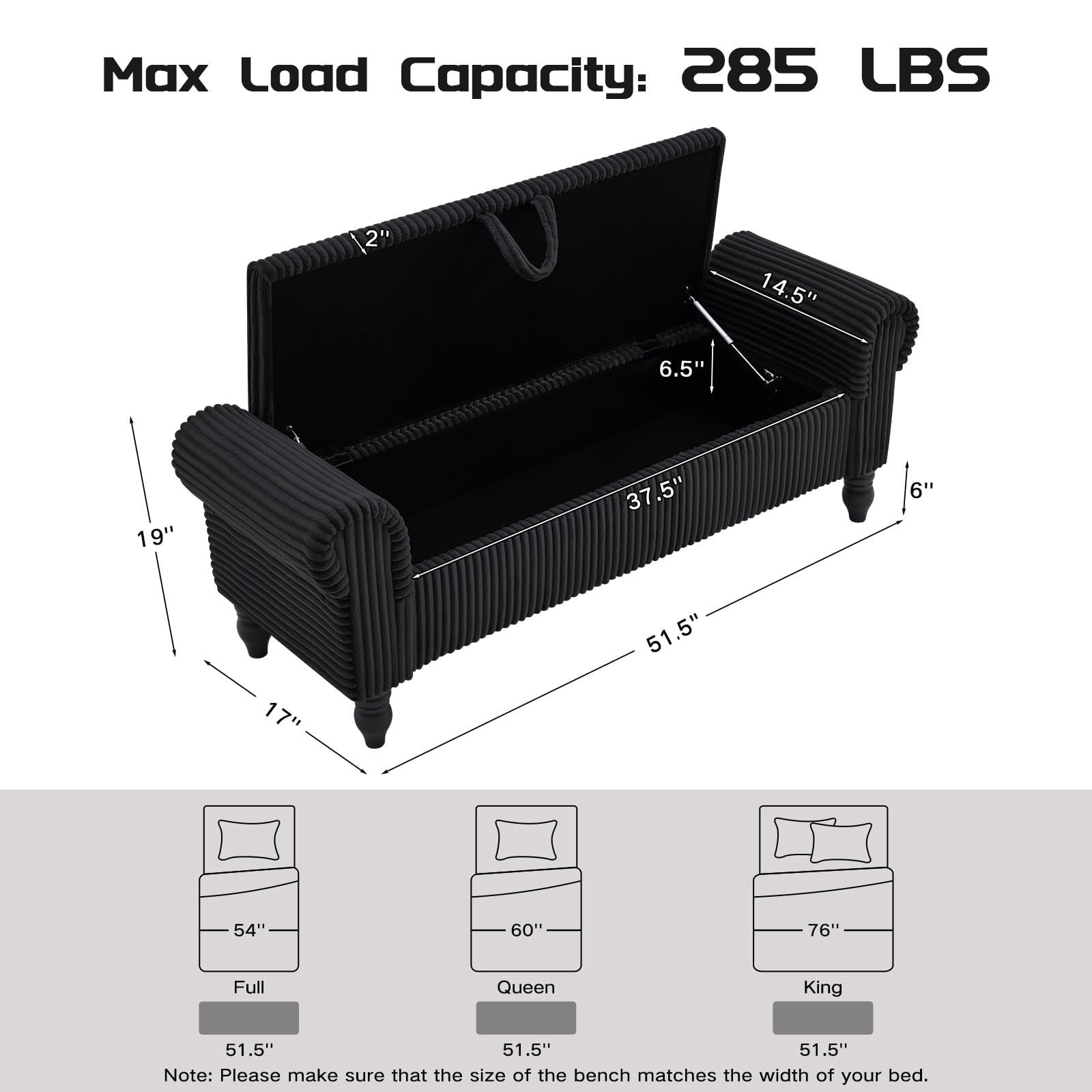 51.5" Storage Ottoman Bench, Upholstered Corduroy End of Bed Bench with Hidden Storage for Bedroom, Entryway & Living Room, Black