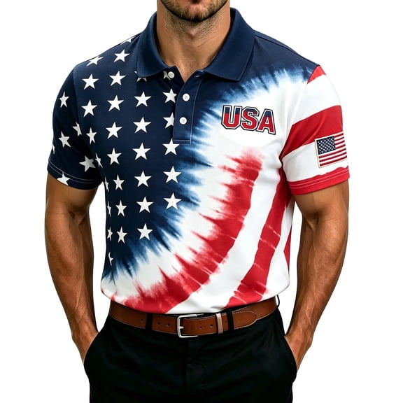 XDZJLR Polo T Shirts For Men 4Th Of July Independence Day Button Front Print Short Sleeve Tops Theme Tee Casual Wear Big And Tall Mens Golf Shirts S-6Xl