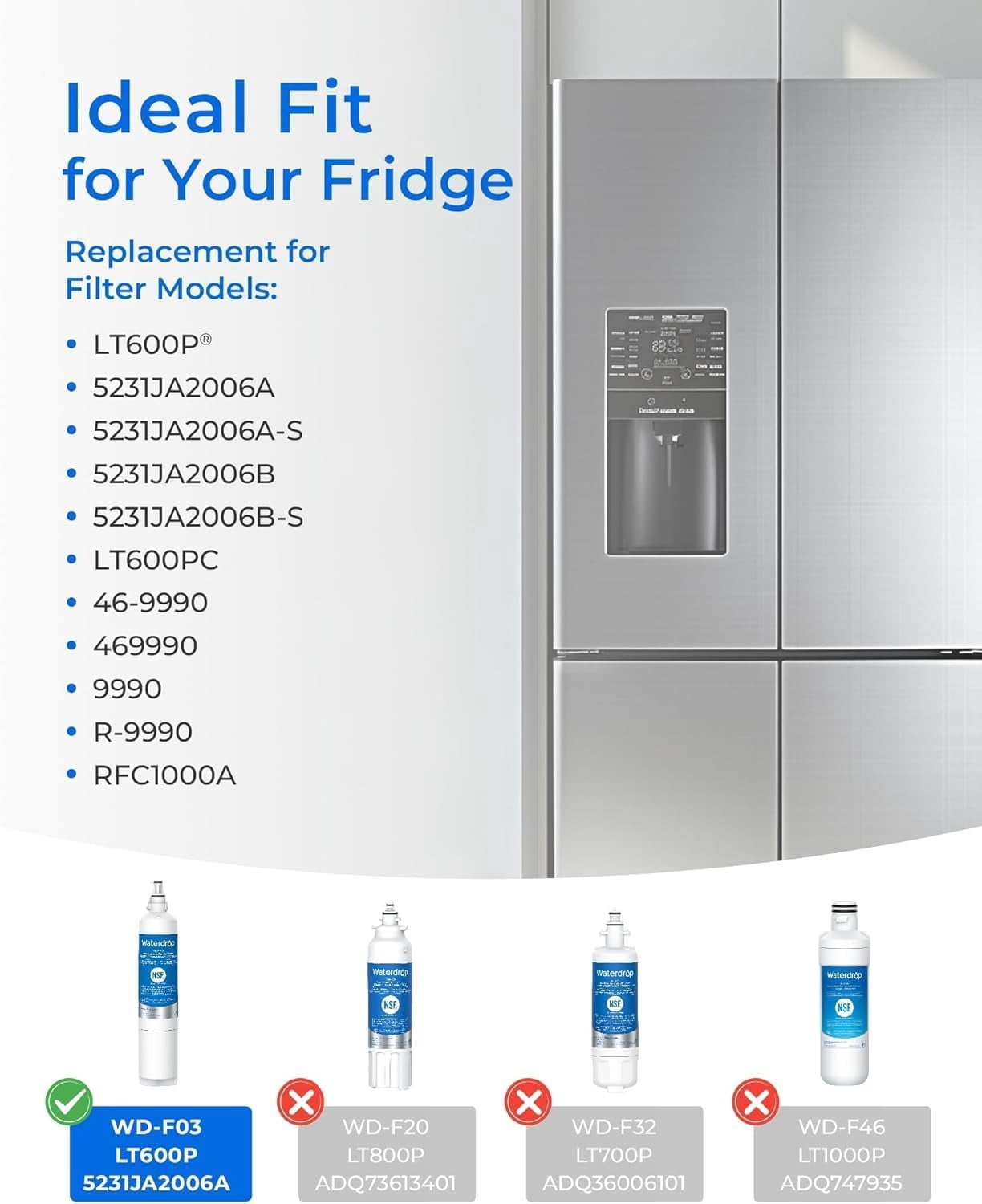 Waterdrop 5231JA2006A Replacement for LG® LT600P®, KENMORE 9990, 5231JA2006B, KENMORECLEAR 46-9990, WFC2001, LSC27931ST, LFX25960ST, FML-2, RWF1000A Refrigerator Water Filter, 6 Filters