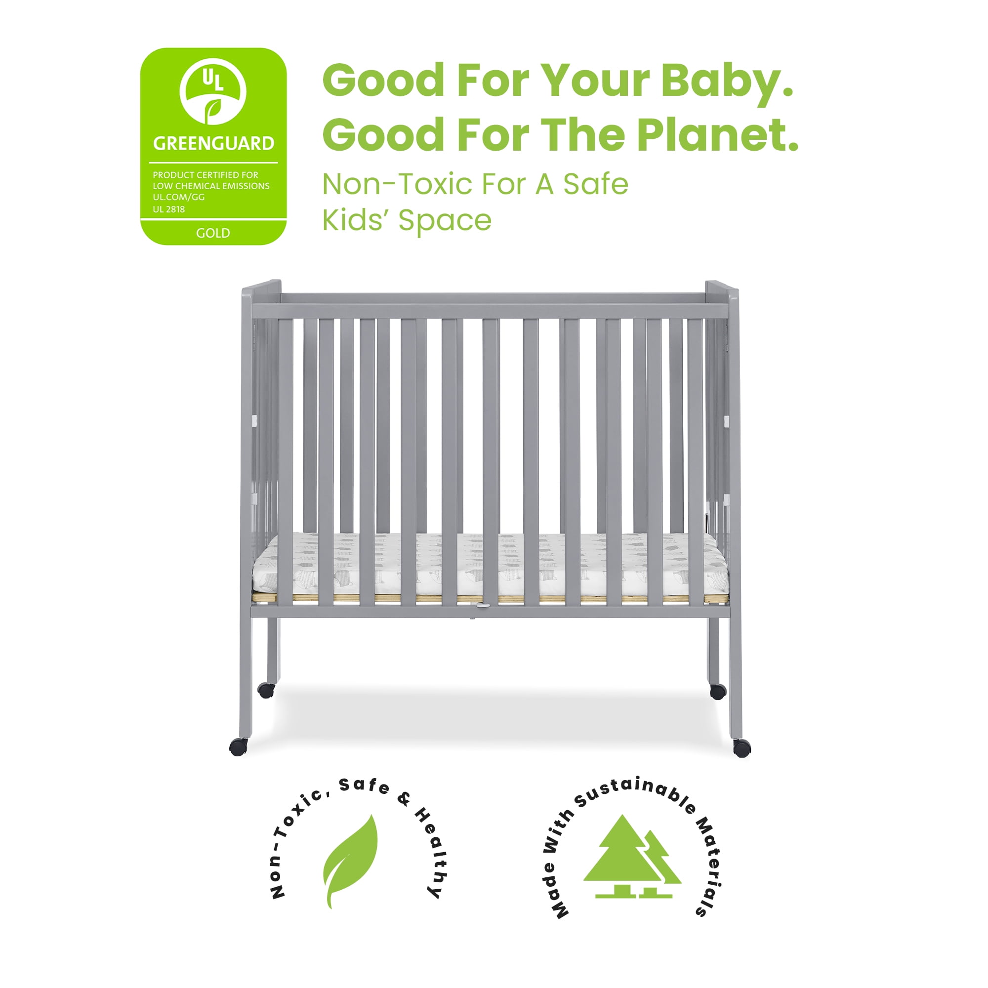 Delta Children Lee Portable Folding Mini Crib with 1.5-Inch Mattress - Greenguard Gold Certified, Grey