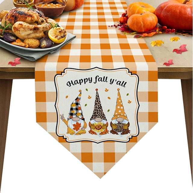 Cotton Linen Table Runners Thanksgiving Day Dwarf Gnome Happy Fall Y'all Kitchen Dining Burlap Table Decoration for Home Party Decor 13 x 90 Inch