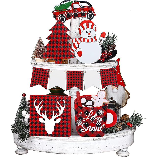 6 piezas de bandejas navideñas escalonadas, decoración de invierno, letreros de madera para mesa, madera rústica de Feliz Navidad