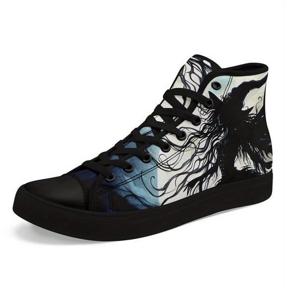 Coolcustomize Women's Gothic Halloween High-Top Sneakers - Enchanted Witch Print, Lightweight Breathable Trainers with Lace-Up Closure, Black & Blue Design for Casual Streetwear, Fashionable Footwear