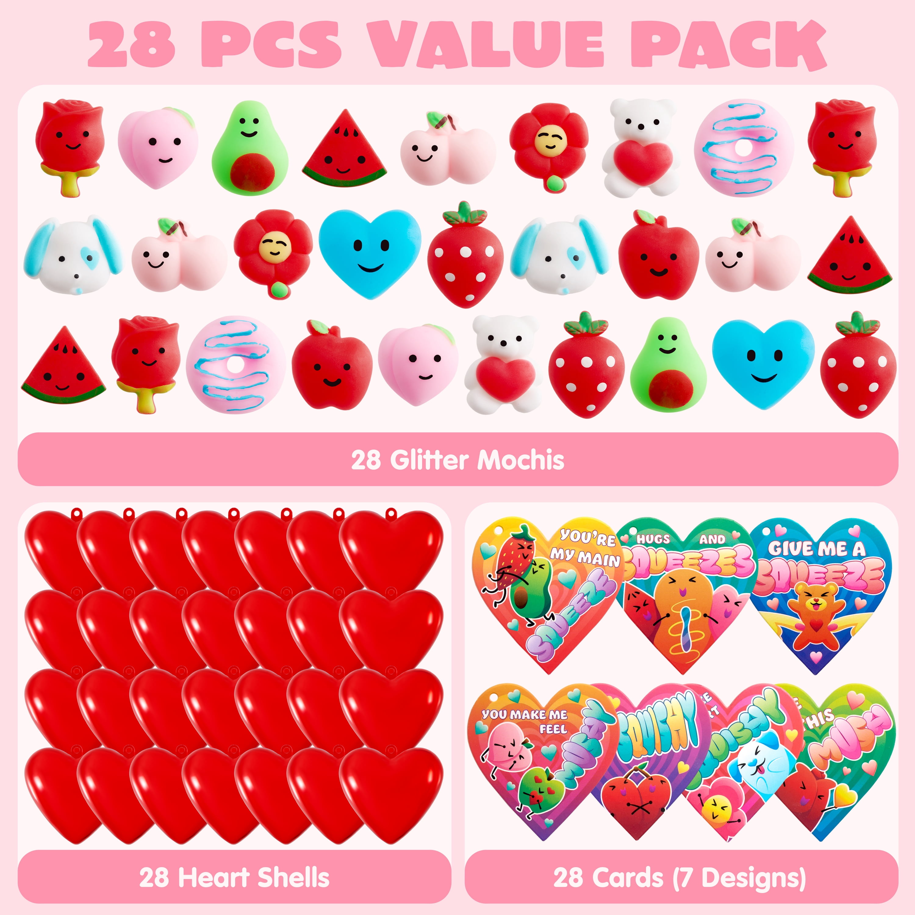 Joyfy 28 Packs Valentines Gifts for Kids, Kawaii Animal Mochi Squishy Toys for Valentines Party Favors, School Classroom Exchange Cards Gifts