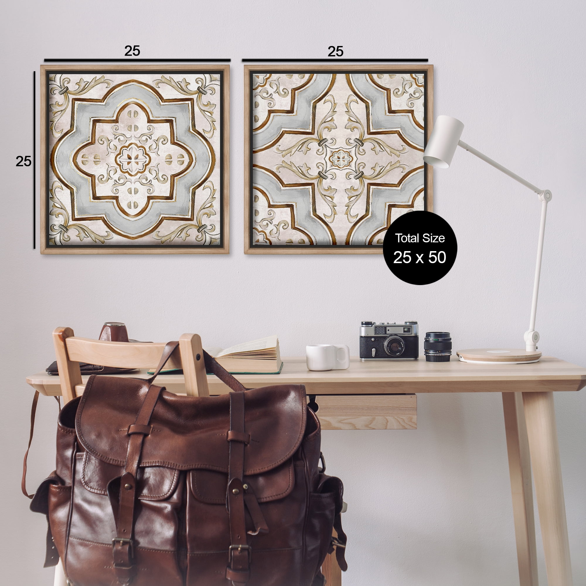 Stupell Industries Moroccan Tile in Neutrals Abstract Painting Brown Floater Framed Canvas Art Print Wall Art, 25 x 25, Set of 2