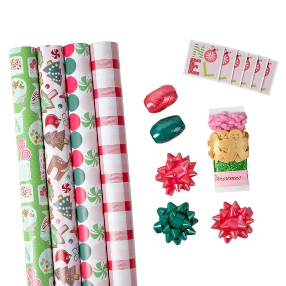 LaRibbons 30" x 10' Christmas Holiday Reversible Gift Wrap Paper Kit, Sweet Treats