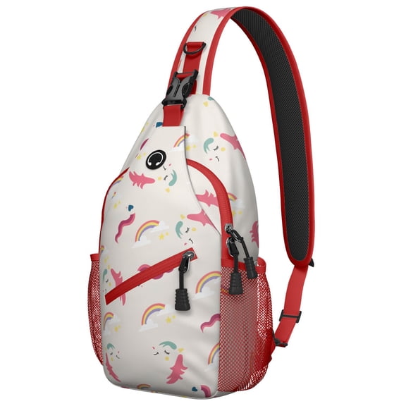 Minimalist Unicorn Aesthetic Sling Backpack for Travel, Cute Rainbow Crossbody Bag with Fantasy Print of Clouds Stars and Moon