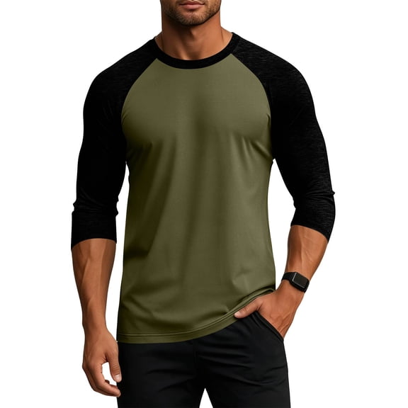 Delconic Men's 3/4 Sleeve Shirts Crew Neck Baseball T Shirts Casual Moisture Wicking Athletic Raglan Tops Army Green L