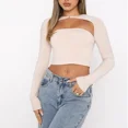 thumbnail image 4 of Conjunto de dos piezas de camiseta de manga larga de color liso sexy con cuello redondo y diseño de barriga ahuecada para otoño e invierno, 4 of 4