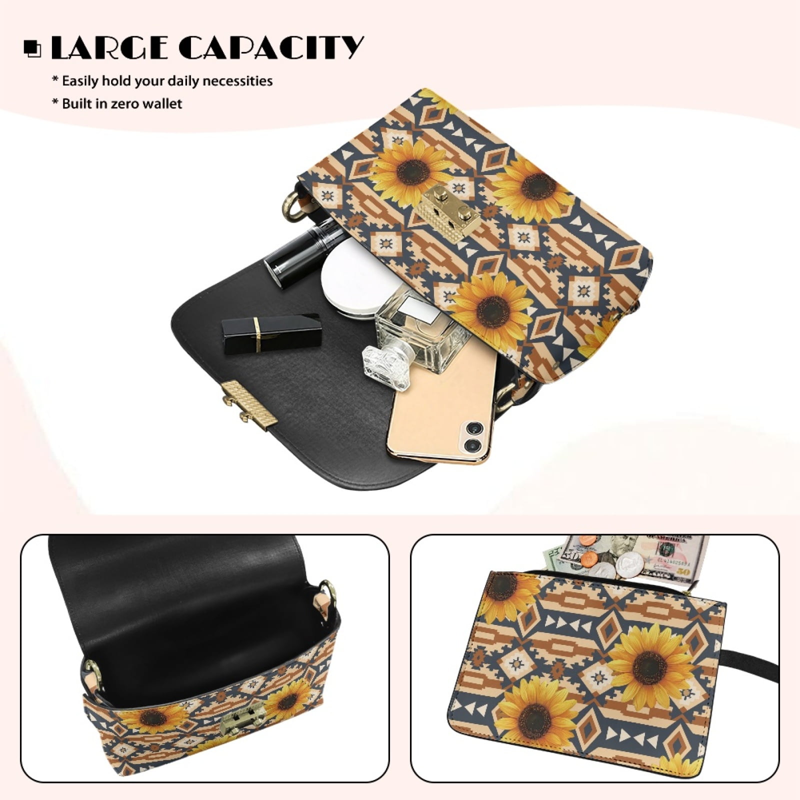 SCRAWLGOD American Tribal Sunflower Print Beige Small Purses for Women Crossbody Bags, Lightweight PU Leather Mini Cross Body Purse Travel Shoulder Bag Sling Bag for Daily Life