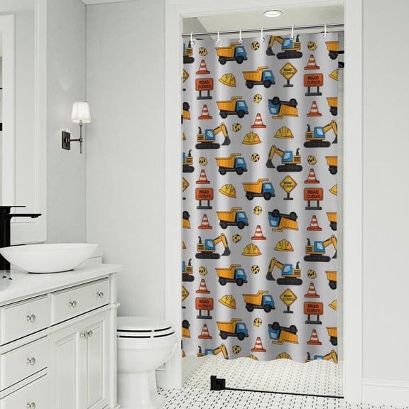 Cartoon Construction Vehicles Cones Gray Pattern Shower Curtain 36"x72" ,Bathroom Decorative Shower Curtains Set with 12 Hooks,Modern Waterproof Washable Shower Curtain