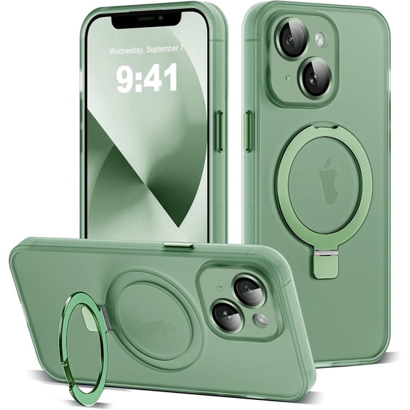 for iPhone 13 Case with Magnetic Invisible Ring Stand [Full Camera Lens Protection] [Compatible with Mag-Safe] Military-Grade Drop Matte Translucent Slim Phone Cases for iPhone 13 6.1",Green