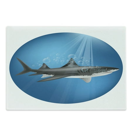 

Shark Cutting Board Shark in Sea with Sun Rays in Circle Aquatic Underwater Creature Predator Adventure Decorative Tempered Glass Cutting and Serving Board Large Size Blue Grey by Ambesonne