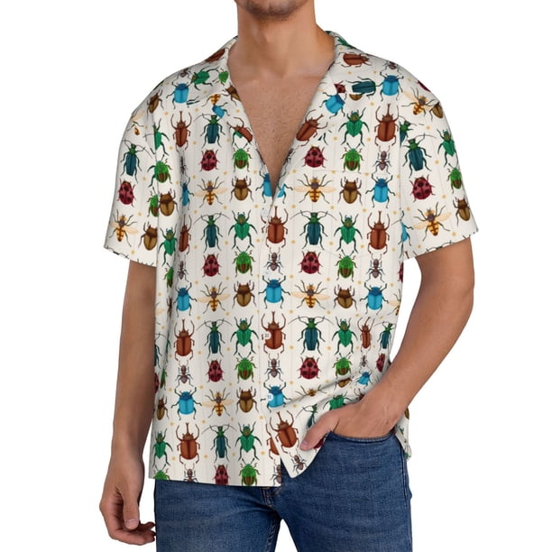 Balery Cartoon Insects Camisa Casual de Manga Corta con Botones para Hombre, Texturizada, Estilo Cubano, para Playa, Verano-XX-Large