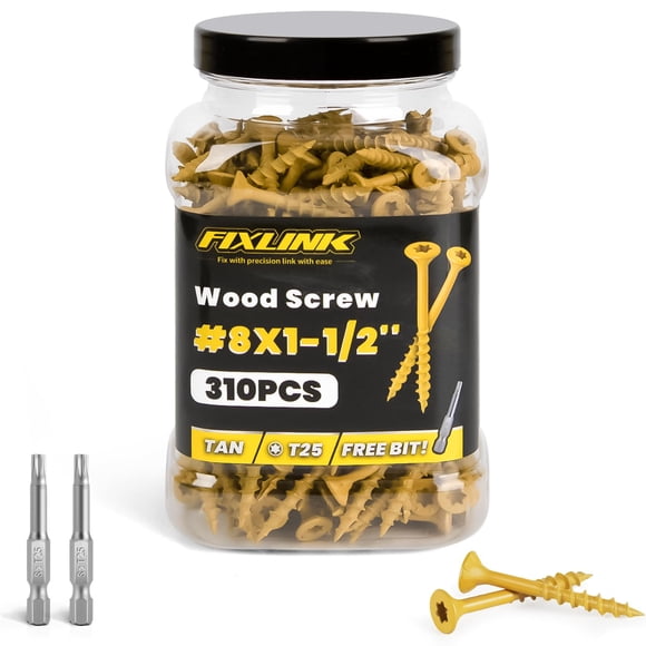 Wood Screws 1-1/2 Inch, FIXLINK Deck Screws #8 x 1-1/2", 310 PCS, Epoxy Coated, T25 Star Bit Above 1500 Hour Salt Spray Coating Outdoor Decking Screw