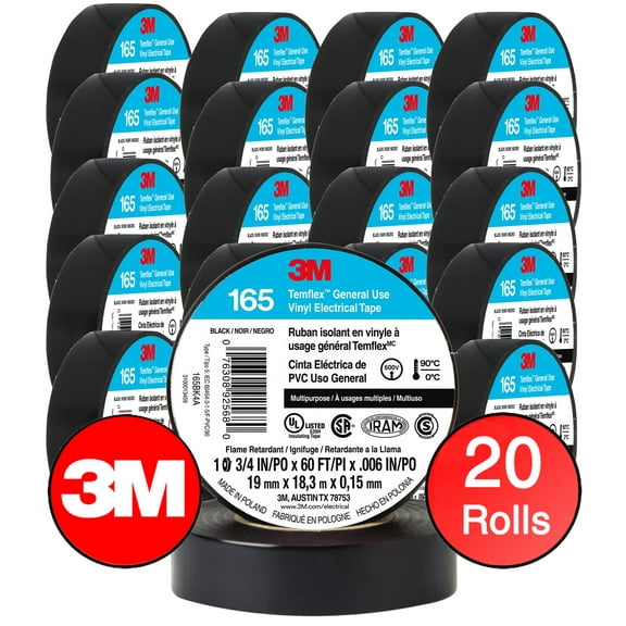 (20 ROLLS) 3M TEMFLEX 165 ELECTRICAL TAPE BLACK 3/4" x 60 FT INSULATED ELECTRIC