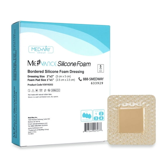 MedVanceTM Silicone - Bordered Silicone Adhesive Foam Dressing Size 2"x2" 1"x1" Pad, Box of 5 dressings