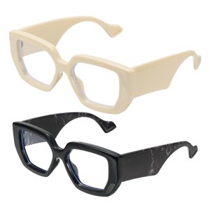 Uxcell 2pcs Thick Frame Blue Light Glasses for Women Beige/Light Yellow(Clear Lens)