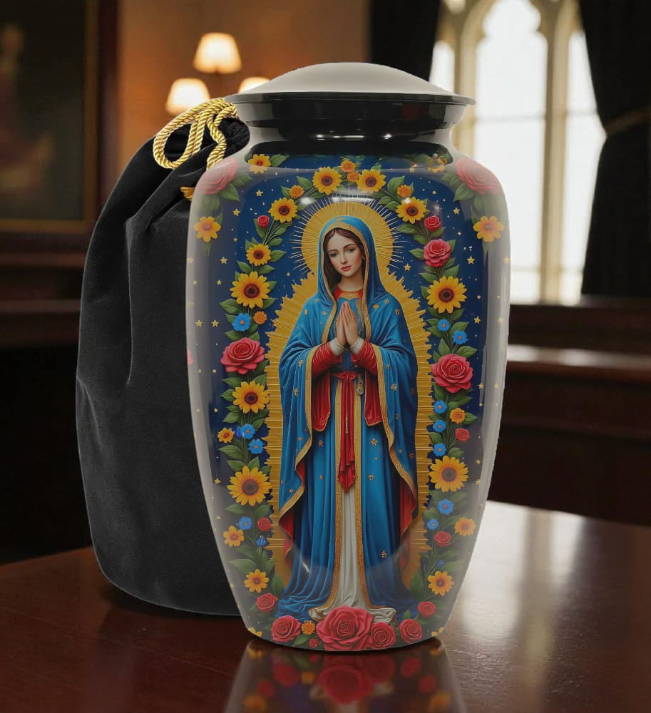 Religious Cremation Urn For Human Ashes with Floral Design - Adult Sized Urn For Ashes - 200 Cubic Inches Capacity - Velvet Bag Included