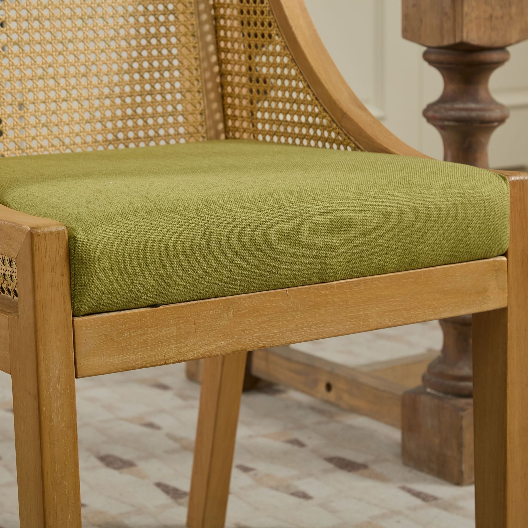 Noble House Dining Chair with Rattan Back, Linen Seat, Solid Wood Frame, Olive Green