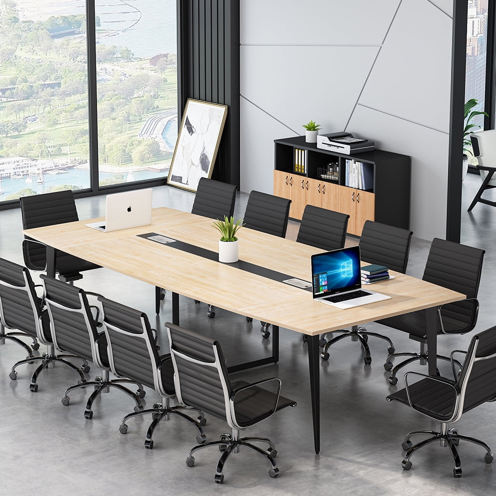 8ft 14ft w/ 3 Power Modules, Mahogany 24ft Modern Conference Boat-Shaped Table with Metal Bases Wood & Brushed Aluminum Metal Boardroom Meeting Room Office 