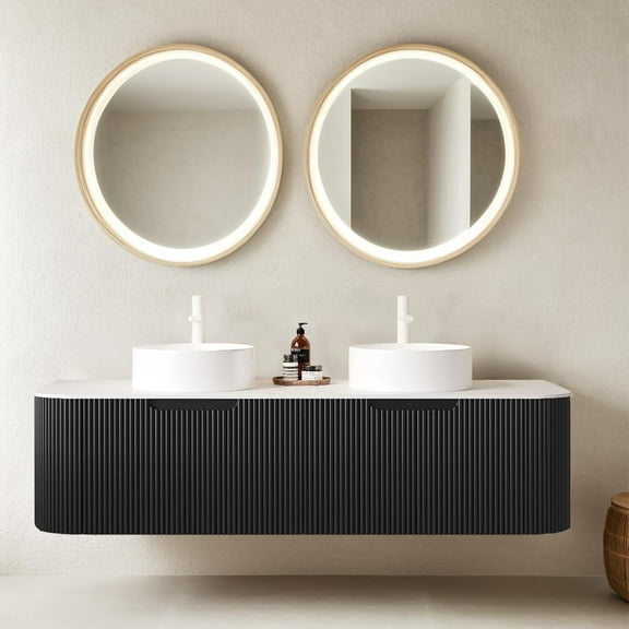 60 Inch Floating Bathroom Vanity with Double Sink, Modern Bathroom Vanities with Ultra-Thin Marble Countertop and Ceramic Sink, Soft-Close Design, Natural Solid Wood Cabinet, Pre-Assembled, Black