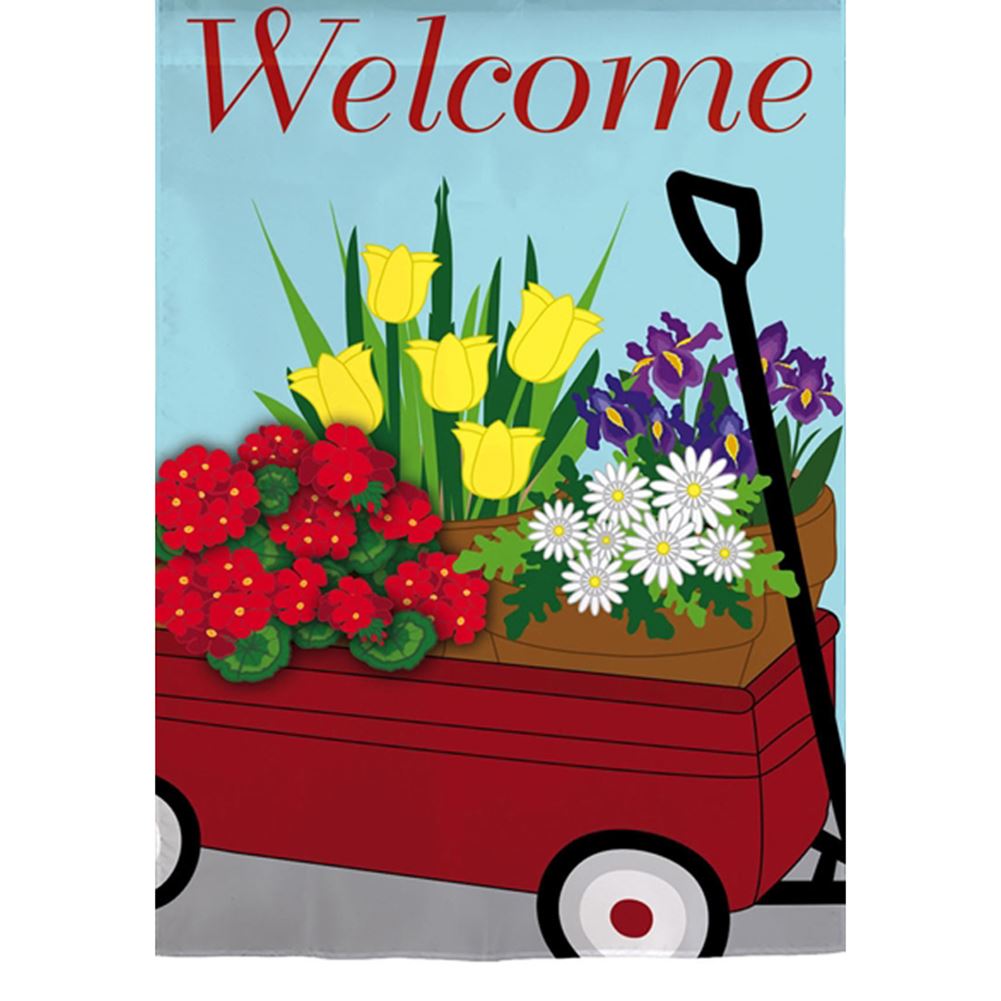 Evergreen Applique Double Sided Garden Flag Floral Red Wagon, High