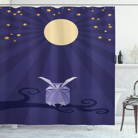 Owl Print Shower Curtain, Origami Bird at Night with Stars and Full Moon, Fabric Bathroom Set with Hooks, 69W X 75L Inches Long, Dark Indigo Beige Ceil Blue and Pale Orange, by Ambesonne
