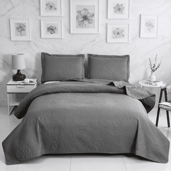 Smuge Ultrasonic Quilt Set, Reversible Lightweight Soft Microfiber Bedspread Coverlet, Solid Dark Gray, 3 Piece Set (1 Bedspread, 2 Pillow Shams), Twin Size
